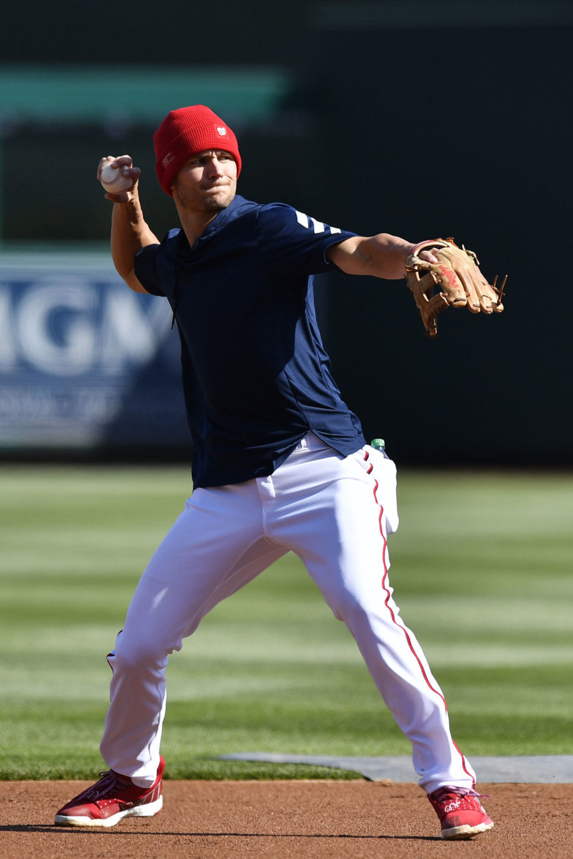 WASHINGTON, DC - MARCH 28: Trea Turner #7 of the Washington Nationals warms up before playing against the New York Mets on Opening Day at Nationals Park on March 28, 2019 in Washington, DC. (Photo by Patrick McDermott/Getty Images)