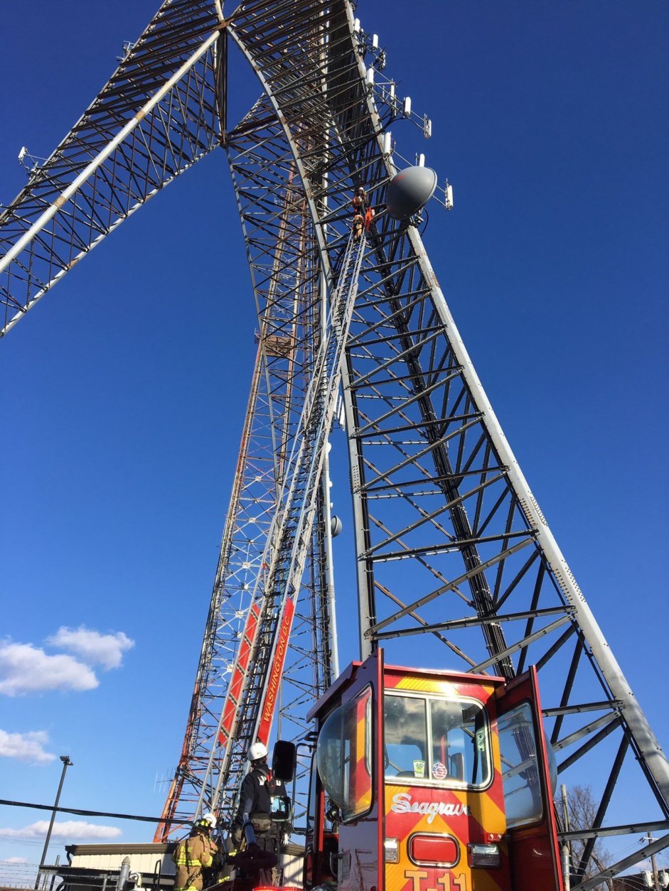 A worker was stranded on a radio tower 120 feet above the ground in D.C. (DC Fire and EMS/Twitter)