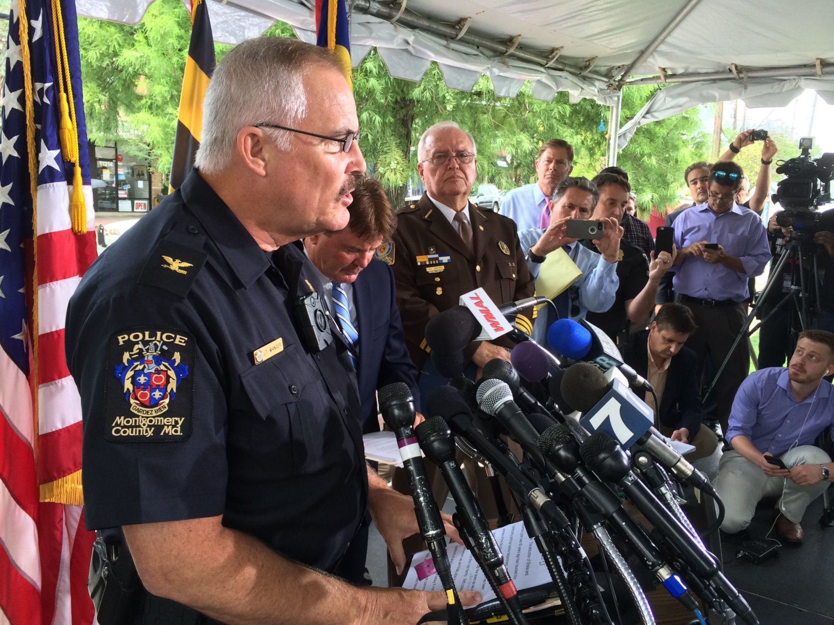 Montgomery County Police Chief Tom Manger addresses reporters after a break in the Lyon sisters case in July 2015. (WTOP/Kate Ryan)