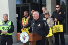 Montgomery County Police Chief Tom Manger speaking at a “Shop with a Cop” pedestrian safety event. (WTOP/Kate Ryan)