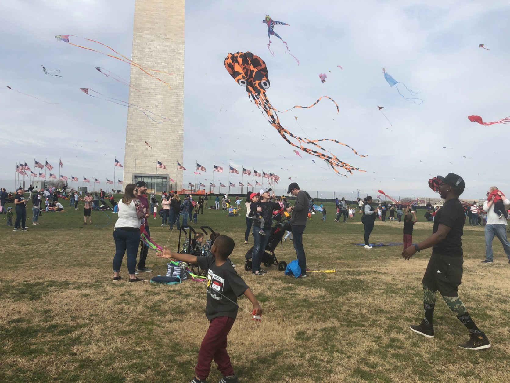 Visitors and D.C. locals alike fly kites and take in the sites of the cherry blossoms in front of the Washington Monument.(WTOP/Melissa Howell)