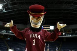 BRIDGEPORT, CT - MARCH 07:  Killian the mascot for the Iona Gaels performs against the St. Peter's Peacocks during the final of the MAAC men's conference basketball tournment at Webster Bank Arena at Harbor Yard on March 7, 2011 in Bridgeport, Connecticut.  (Photo by Chris Chambers/Getty Images)