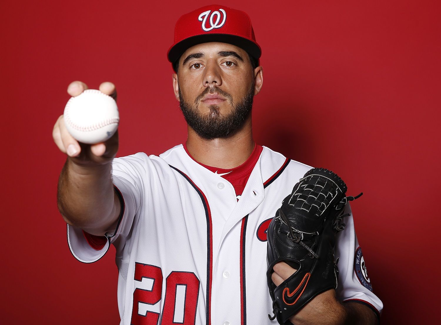 WEST PALM BEACH, FLORIDA - FEBRUARY 22:  Kyle Barraclough #20 of the Washington Nationals poses for a portrait on Photo Day at FITTEAM Ballpark of The Palm Beaches during on February 22, 2019 in West Palm Beach, Florida. (Photo by Michael Reaves/Getty Images)