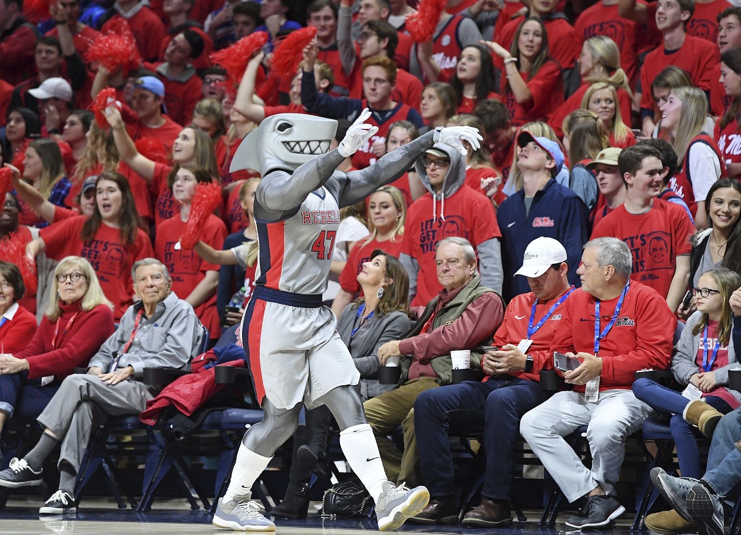Mississippi mascot Landshark Tony gestures to the crowd during the first half of an NCAA college basketball game between Mississippi and LSU in Oxford, Miss., Tuesday, Jan. 15, 2019. (AP Photo/Thomas Graning)