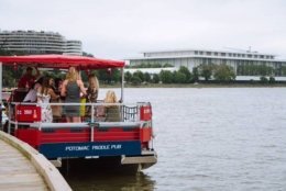 The 16-passenger boat has 10 pedal stations — similar to upright exercise bikes — that propel a 6-foot paddle wheel. (Courtesy Potomac Paddle Pub)