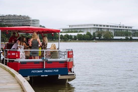 The 16-passenger boat has 10 pedal stations — similar to upright exercise bikes — that propel a 6-foot paddle wheel. (Courtesy Potomac Paddle Pub)