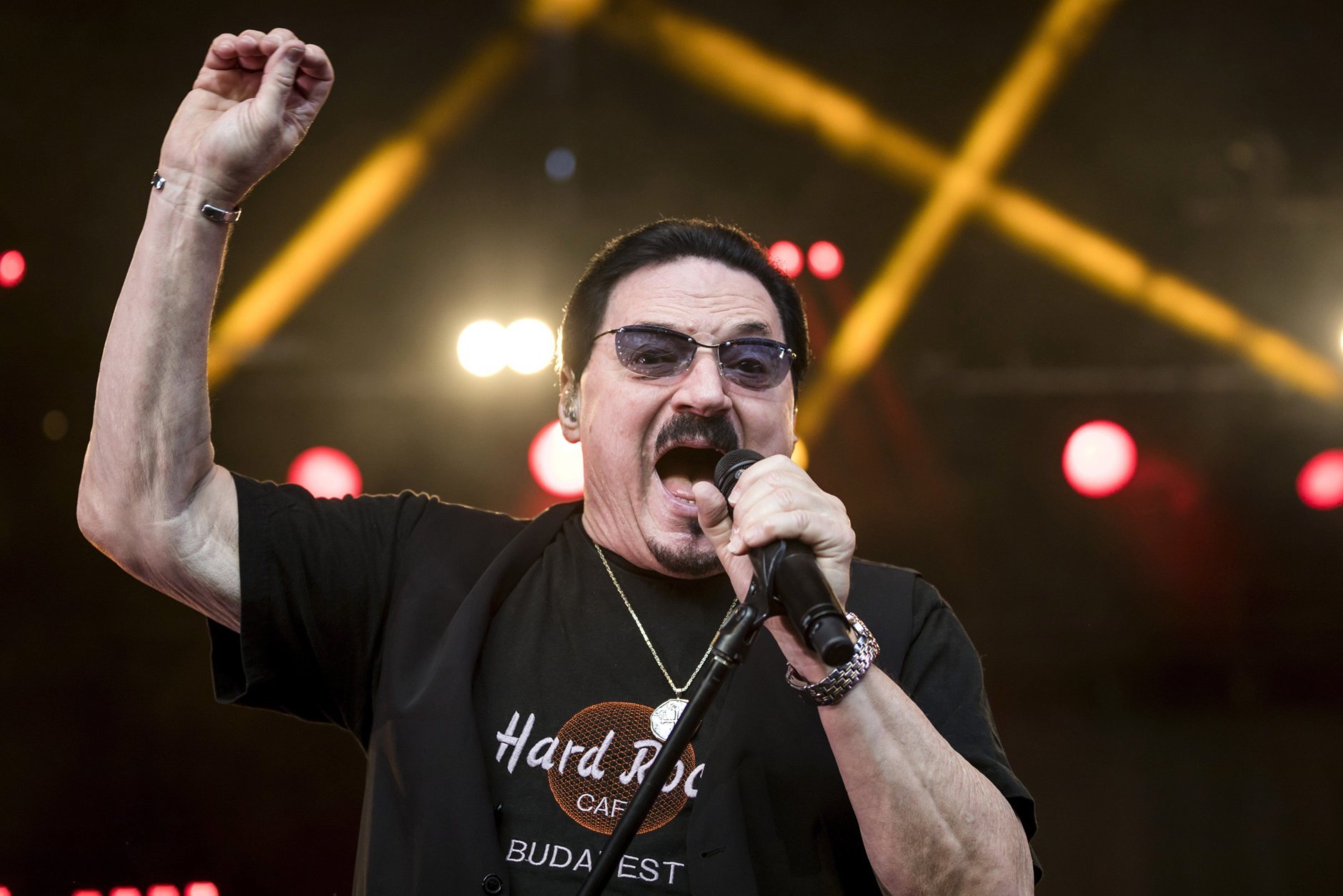 In this Aug. 8, 2017 photo US singer Bobby Kimball performs during the concert of Hungarian-born German musician Leslie Mandoki's all-star formation ManDoki Soulmates in Budapest Park in Budapest, Hungary.  (Balazs Mohai/MTI via AP)
