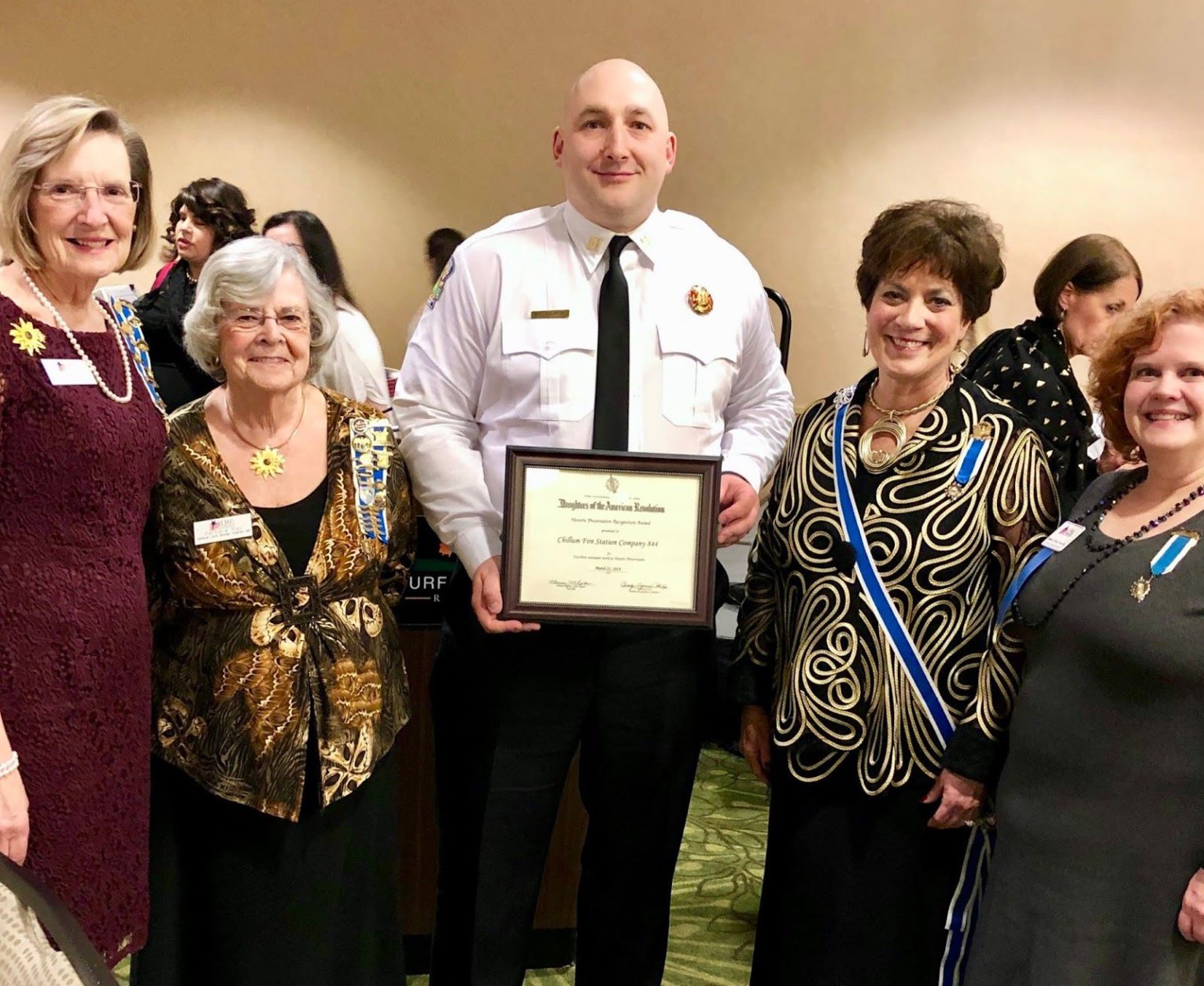 Pat Arata, Barbara May, Captain Ushinski, DAR State Regent Maureen Tipton and Susan Finkle Sourlis at the ceremony. (Courtesy Prince George's County Fire and EMS)