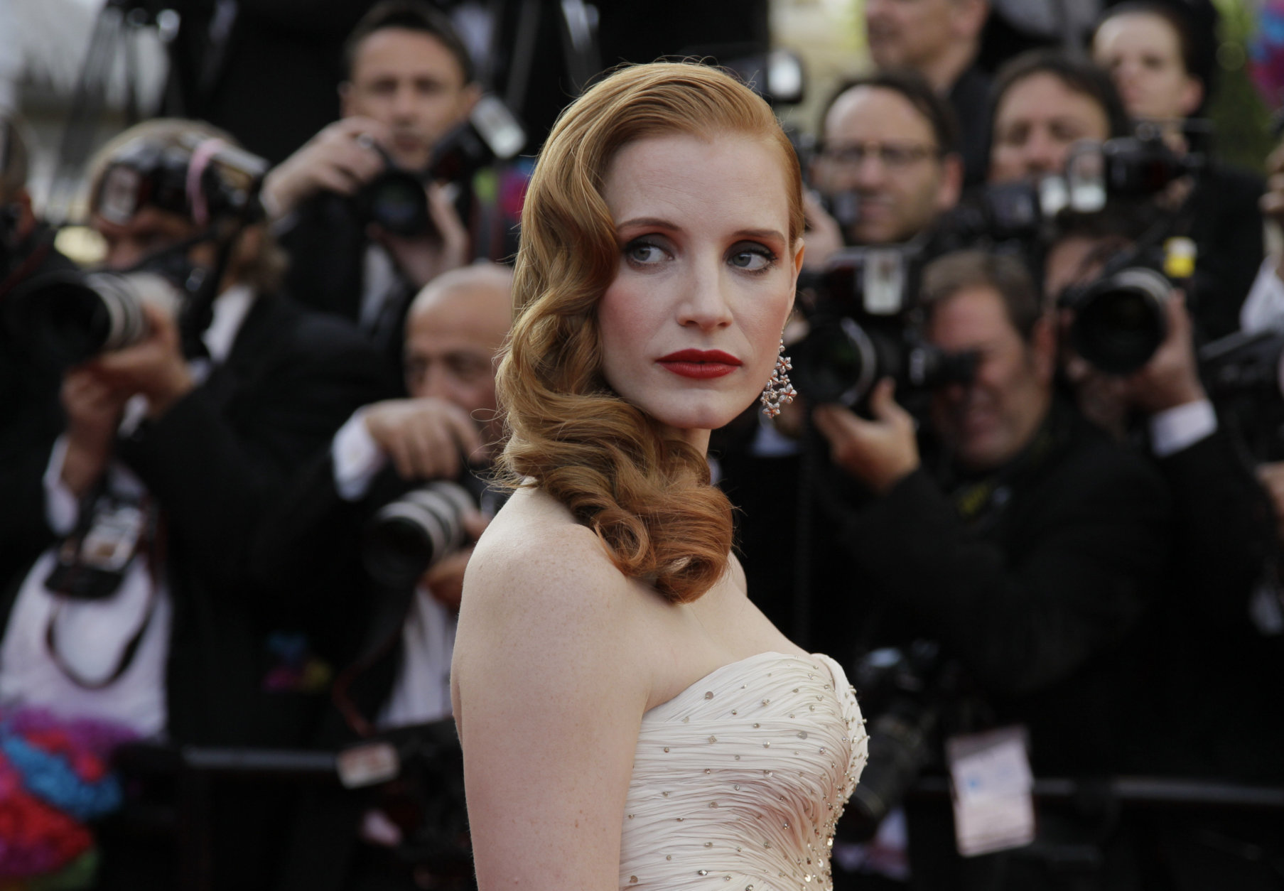 Actress Jessica Chastain arrives for the screening of Madagascar 3: Europe's Most Wanted, at the 65th international film festival, in Cannes, southern France, Friday, May 18, 2012. (AP Photo/Francois Mori)