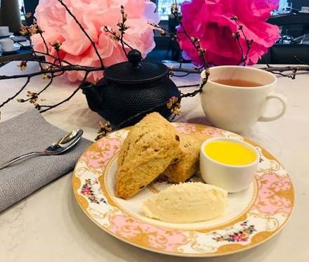 Opaline Bar & Brasserie is also offering a cherry blossom tea blend from Harney & Sons with scones, lemon curd and clotted cream for $22. (Courtesy Opaline Bar & Brasserie) 
