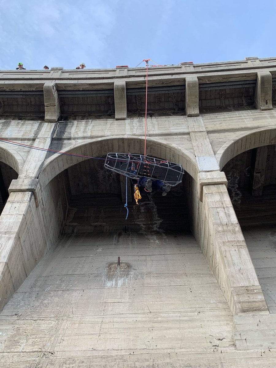 Members of Virginia Task Force 1 and a similar team from Los Angeles County worked together on a complex high-angle rescue simulation. (Courtesy Virginia Task Force 1)
