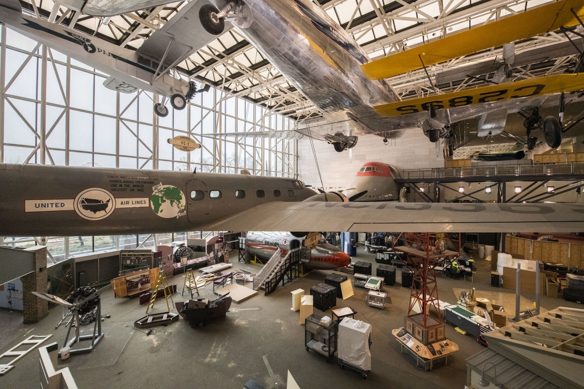 Revitalization work in the closed off America by Air gallery of the Smithsonian Air and Space museum in Washington, DC, February 12, 2019. (Smithsonian  photo by Jim Preston)  Material is subject to Smithsonian Terms of Use. Should you wish to use National Air and Space material in any medium, please submit an Application for Permission to Reproduce NASM Material, available at:  https://airandspace.si.edu/permissions