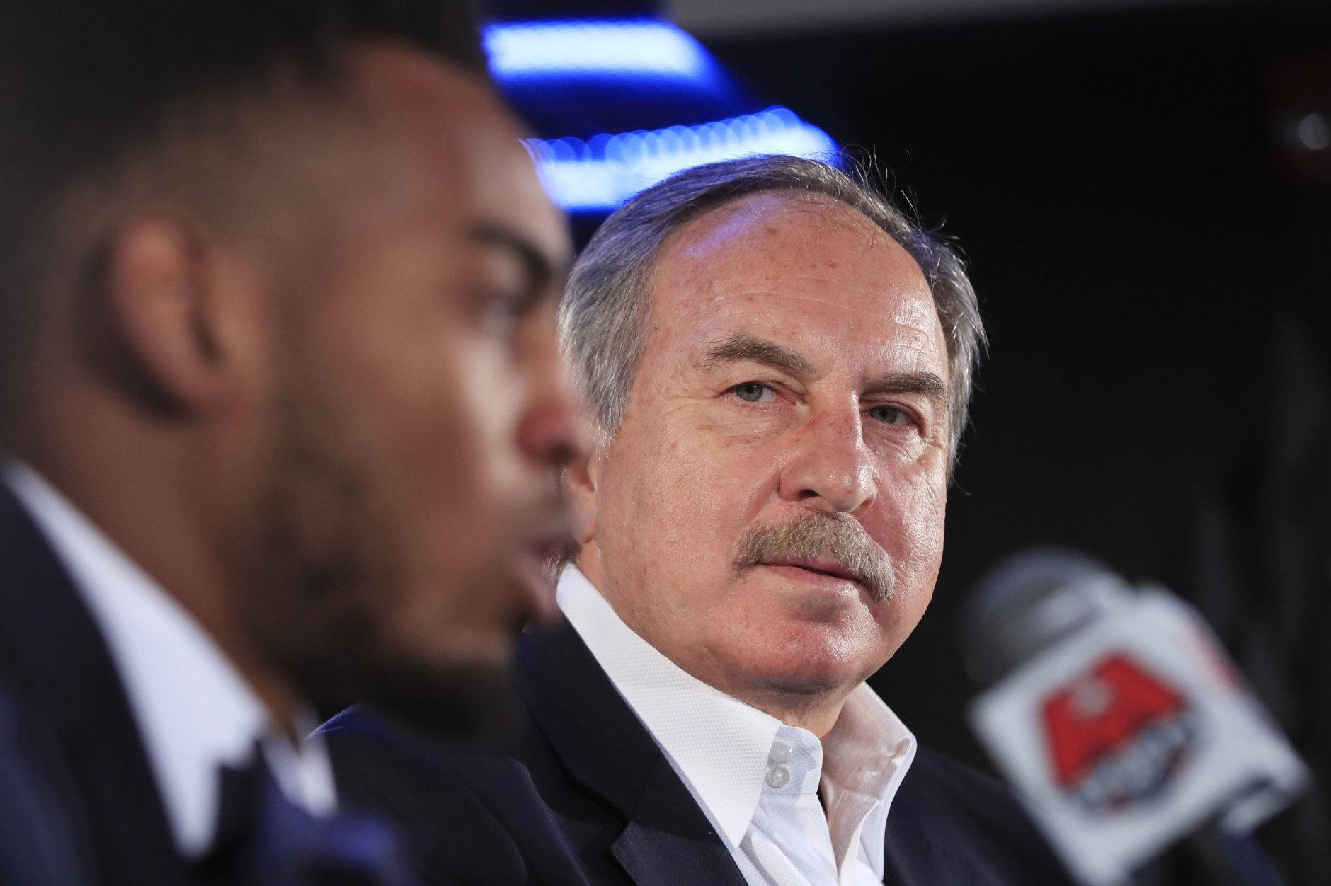 Washington Wizards general manager Ernie Grunfeld, right, introduces Troy Brown Jr., the Wizards' first-round pick in the 2018 NBA draft, during a news conference in Washington, Monday, June 25, 2018. (AP Photo/Manuel Balce Ceneta)