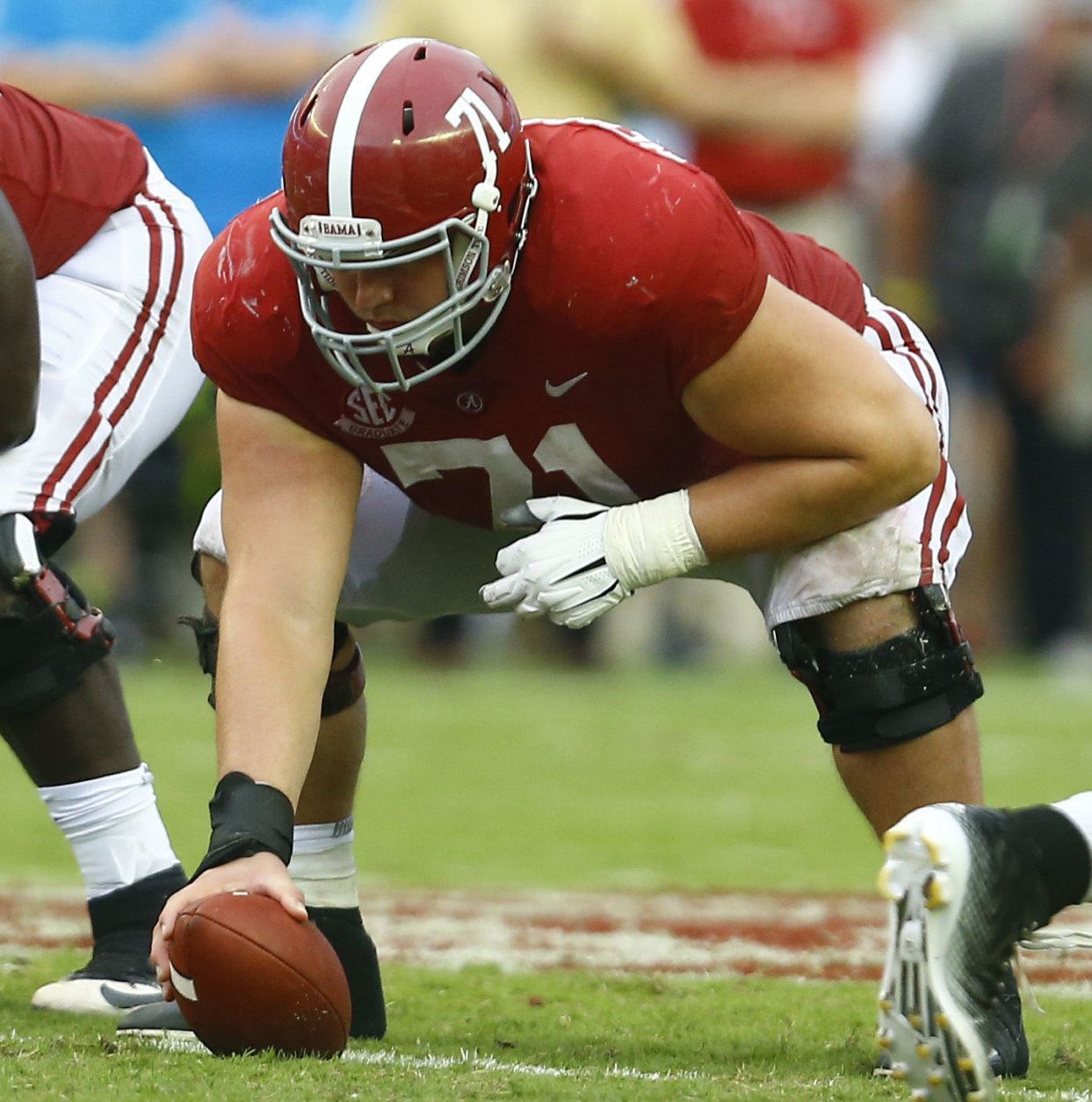 Alabama offensive lineman Ross Pierschbacher (71) lines up for the play against Texas A&amp;M during the second half of an NCAA college football game, Saturday, Sept. 22, 2018, in Tuscaloosa, Ala. (AP Photo/Butch Dill)