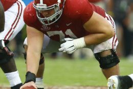 Alabama offensive lineman Ross Pierschbacher (71) lines up for the play against Texas A&amp;M during the second half of an NCAA college football game, Saturday, Sept. 22, 2018, in Tuscaloosa, Ala. (AP Photo/Butch Dill)