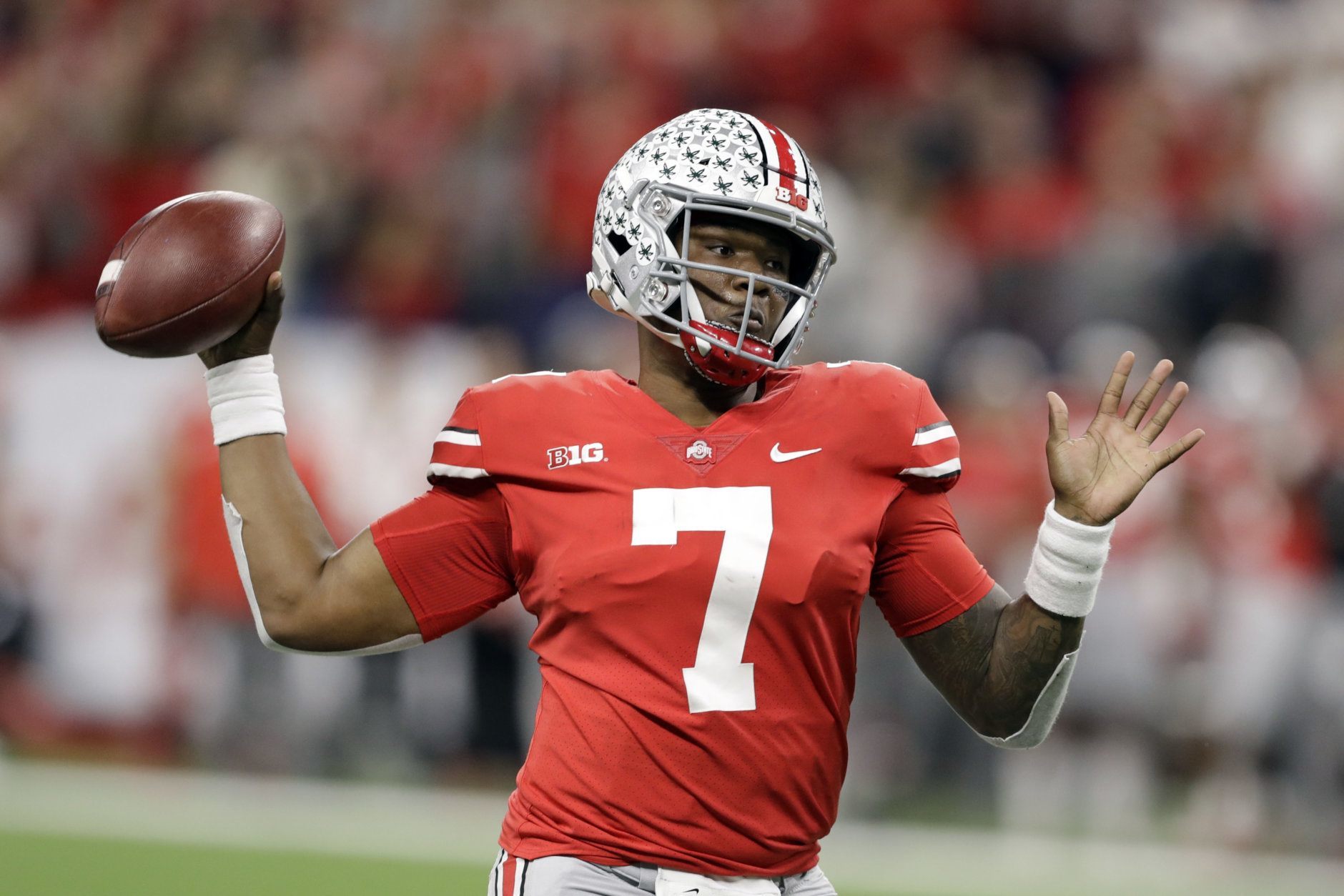 Ohio State quarterback Dwayne Haskins (7) throws during the first half of the Big Ten championship NCAA college football game against Northwestern, Saturday, Dec. 1, 2018, in Indianapolis. (AP Photo/Darron Cummings)