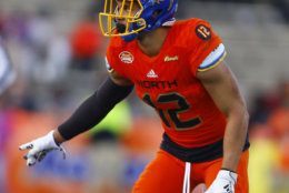 North defensive back Jordan Brown of South Dakota State (12) during the second half of the Senior Bowl college football game, Saturday, Jan. 26, 2019, in Mobile, Ala. (AP Photo/Butch Dill)