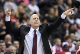 Chicago Bulls head coach Jim Boylen gestures during the second half of an NBA basketball game against the Washington Wizards, Wednesday, April 3, 2019, in Washington. The Bulls won 115-114. (AP Photo/Nick Wass)