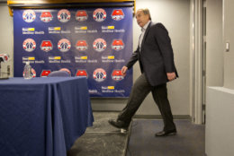 Washington Wizards basketball President Ernie Grunfeld arrives for a news conference at the Verizon Center in Washington, Thursday, April 14, 2016. Grunfeld announced that Randy Wittman will not be back as head coach of the Wizards after failing to reach the playoffs this season. (AP Photo/Pablo Martinez Monsivais)