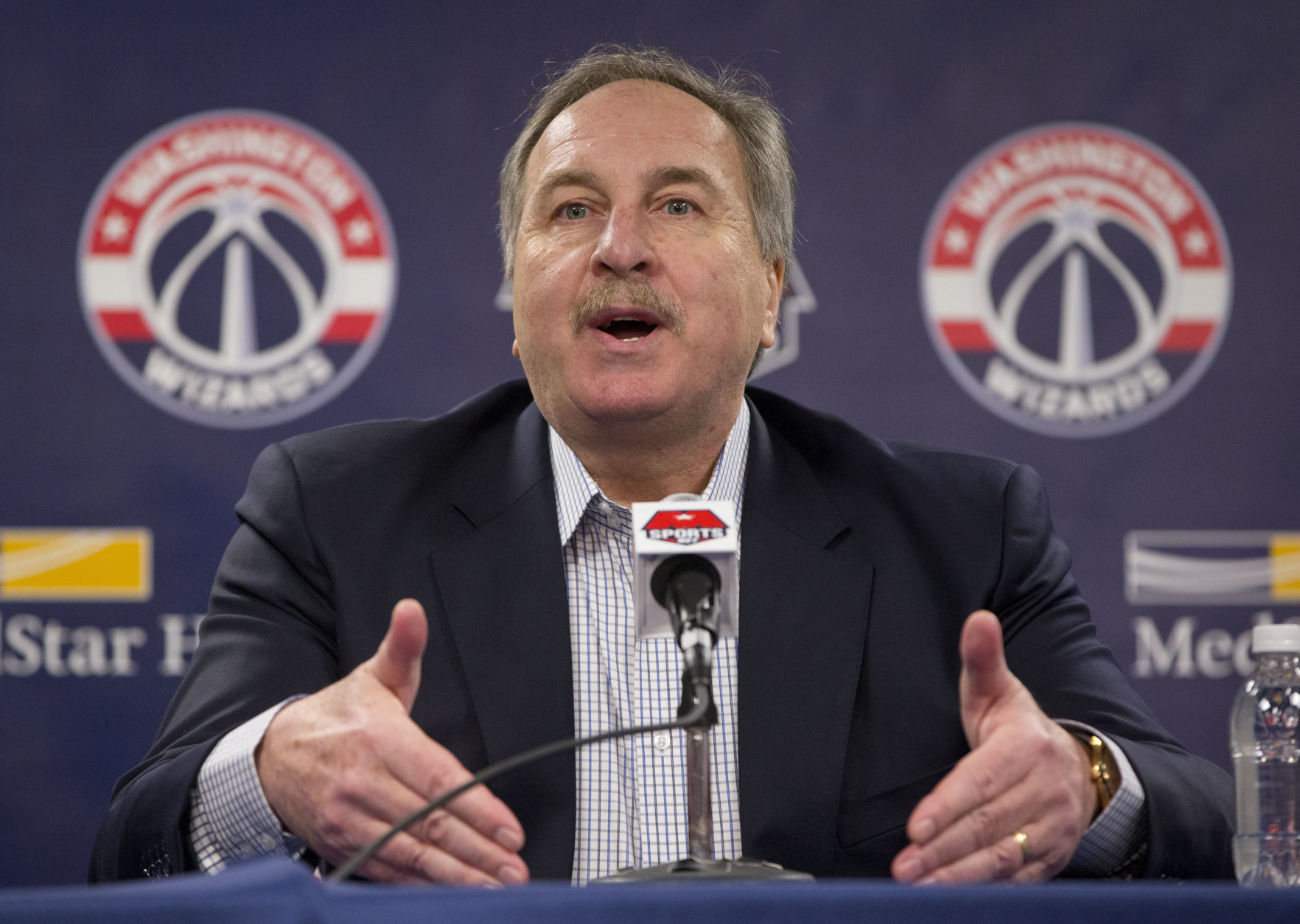 Washington Wizards basketball President Ernie Grunfeld speaks during a news conference at the Verizon Center in Washington, Thursday, April 14, 2016. Grunfeld announced that Randy Wittman will not be back as head coach of the Wizards after failing to reach the playoffs this season. (AP Photo/Pablo Martinez Monsivais)