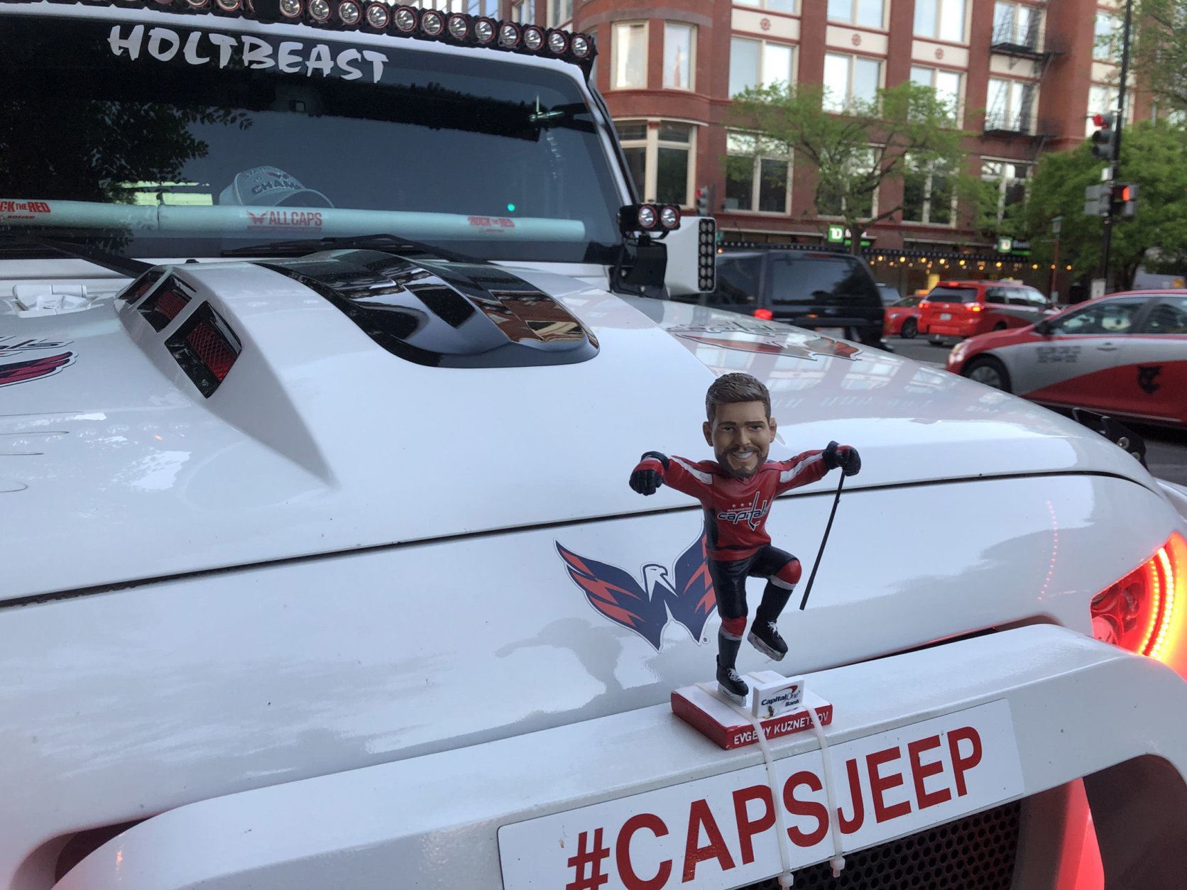 This Jeep is complete with a fitting hood ornament as well -- a bobblehead of Evgeny Kuznetsov. (WTOP/Mike Murillo)