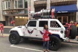 A jeep decked out in Capitals regalia parked outside Capital One Arena. (WTOP/Mike Murillo)