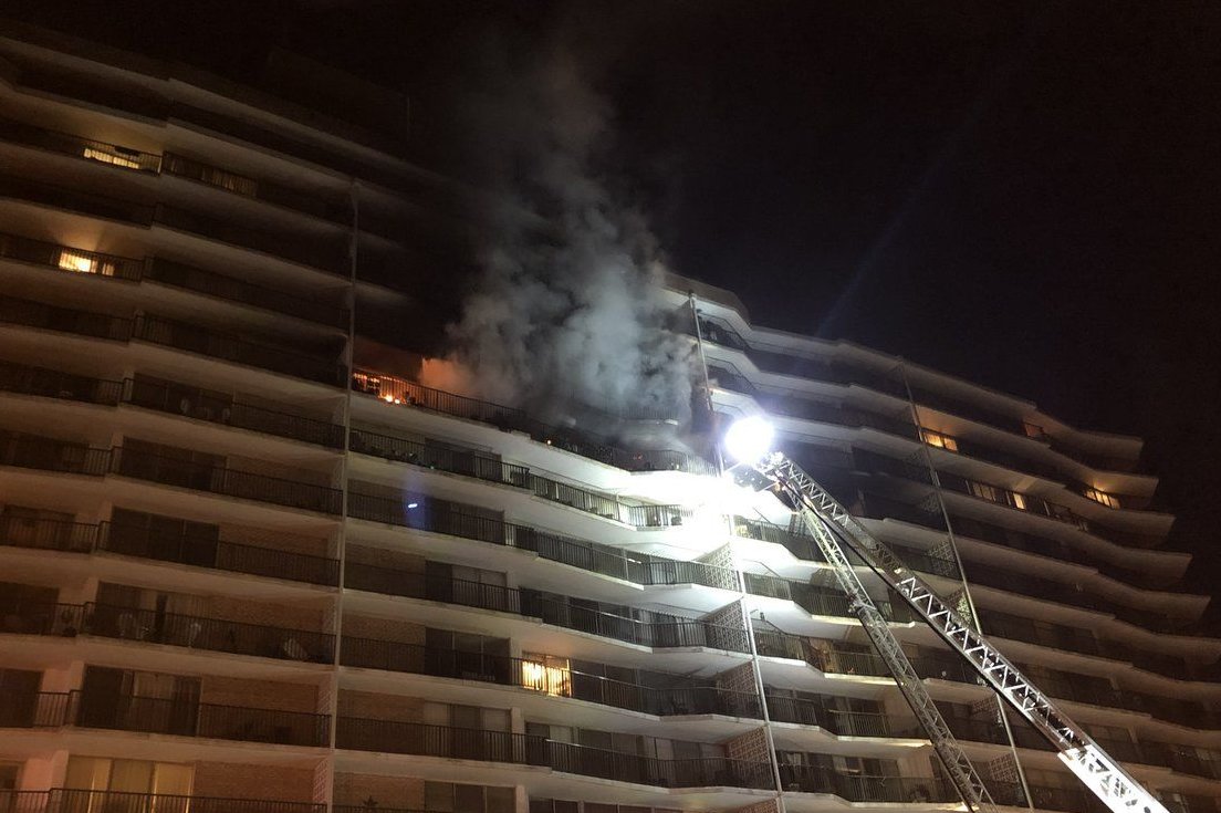 A fire at the Waterford Apartments complex in Kensington, Maryland had shut down University Boulevard in both directions early Tuesday. (Courtesy MCFRS)