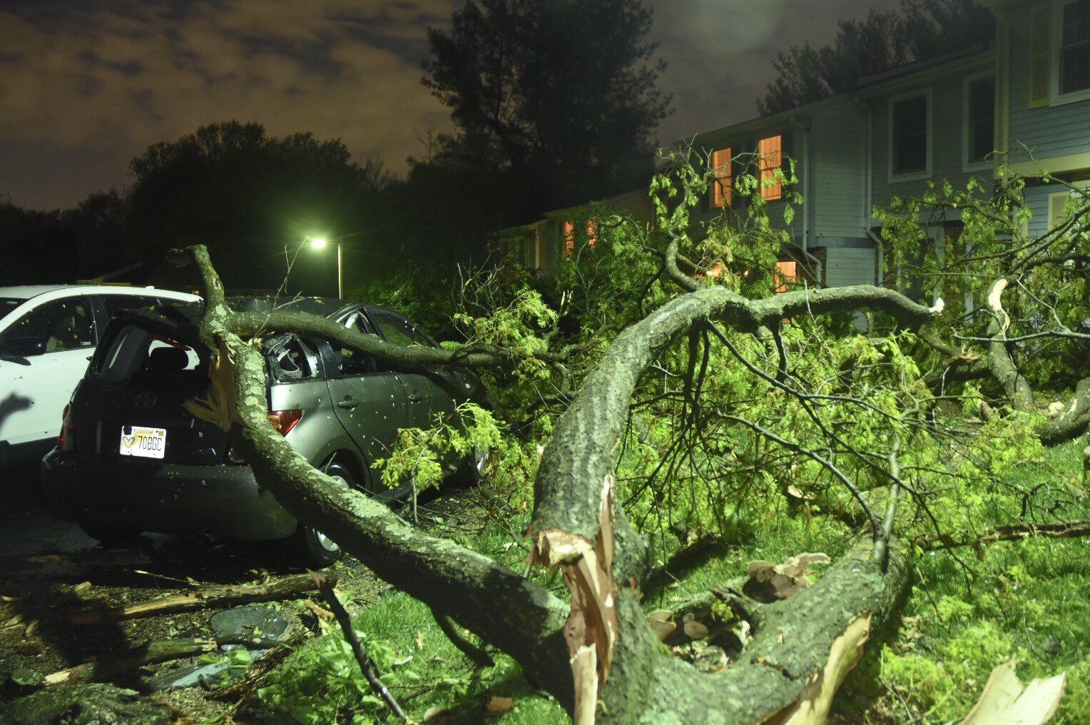 A tree is seen after falling swiping a townhouse and crushing a parked car along Harvest Green Court after a tornado touched down in Reston, Virginia. (WTOP/Dave Dildine) 