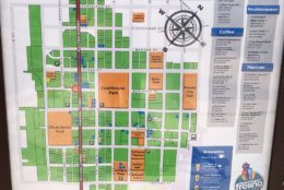 A map of Downtown Fresno on Fulton Street, which has been recently renovated. (WTOP/Noah Frank)