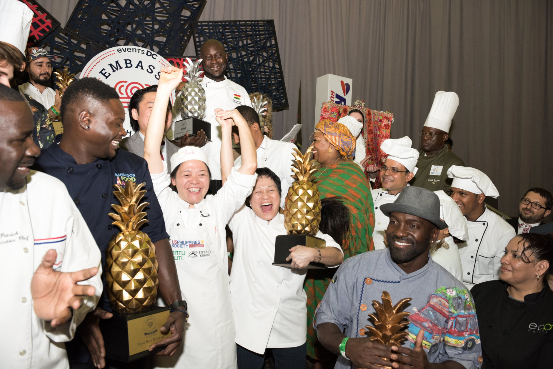 Chefs celebrating their wins at the 2018 Embassy Chef Challenge.

(Courtesy Embassy Chef Challenge/Kaveh Sardari)