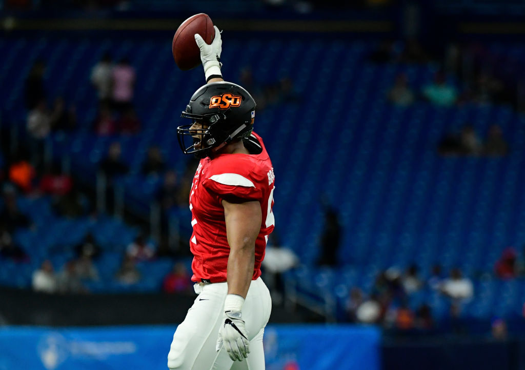 ST PETERSBURG, FLORIDA - JANUARY 19: Jordan Brailford #91 from Oklahoma State playing on the East Team celebrates after a turnover during the third quarter against the West Team at the 2019 East-West Shrine Game at Tropicana Field on January 19, 2019 in St Petersburg, Florida. (Photo by Julio Aguilar/Getty Images)
