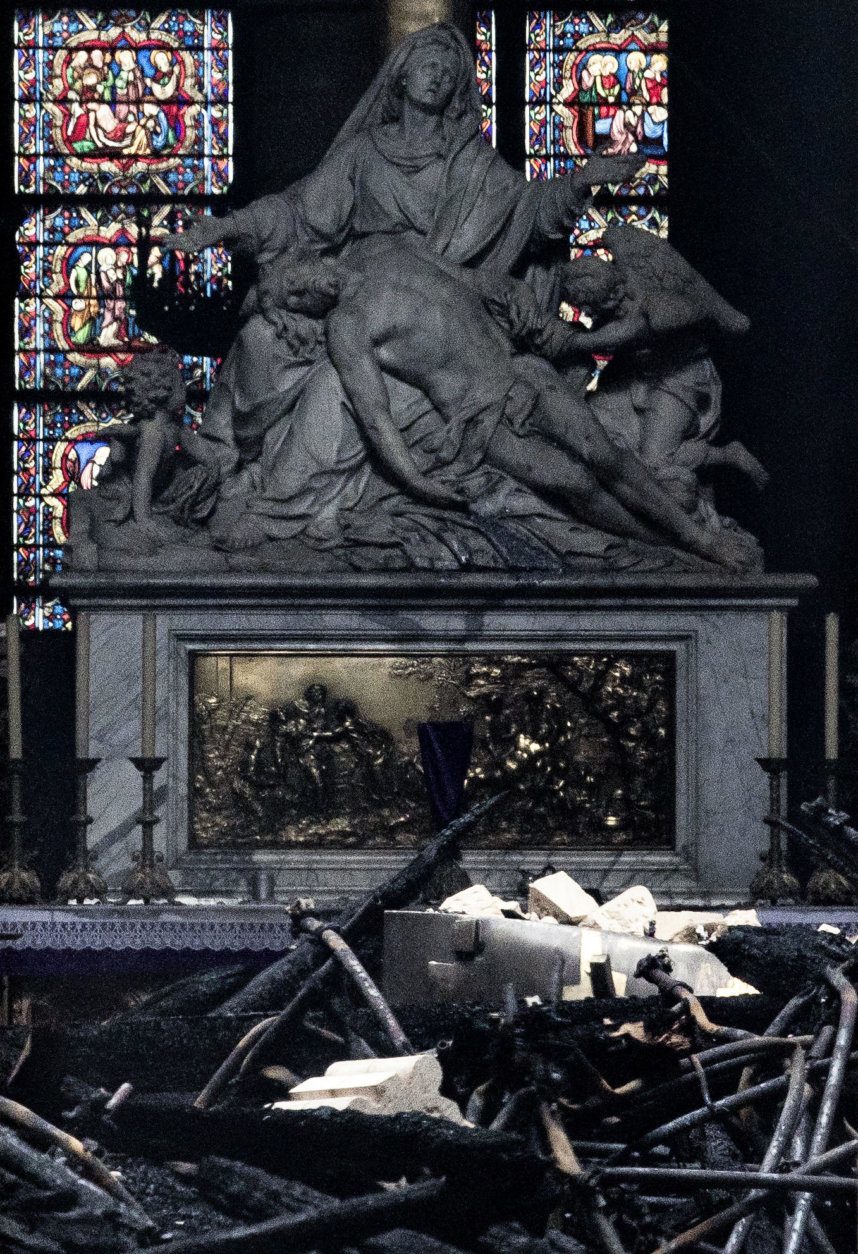 PARIS, FRANCE - APRIL 16: The interior of the Notre-Dame Cathedral is seen through a doorway following a major fire yesterday on April 16, 2019 in Paris, France. A fire broke out on Monday afternoon and quickly spread across the building, causing the famous spire to collapse. The cause is unknown but officials have said it was possibly linked to ongoing renovation work. (Photo by Dan Kitwood/Getty Images)