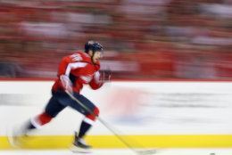 WASHINGTON, DC - APRIL 24: Lars Eller #20 of the Washington Capitals skates against the Carolina Hurricanes during the first period in Game Seven of the Eastern Conference First Round during the 2019 NHL Stanley Cup Playoffs at the Capital One Arena on April 24, 2019 in Washington, DC. (Photo by Patrick Smith/Getty Images)