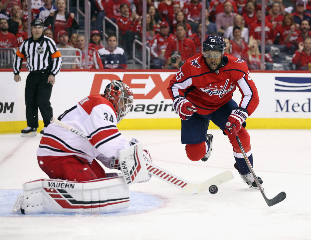 WASHINGTON, DC - APRIL 24: Devante Smith-Pelly #25 of the Washington Capitals attempts to control the puck in front of Petr Mrazek #34 of the Carolina Hurricanes during the second period in Game Seven of the Eastern Conference First Round during the 2019 NHL Stanley Cup Playoffs at the Capital One Arena on April 24, 2019 in Washington, DC. (Photo by Patrick Smith/Getty Images)