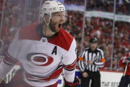 WASHINGTON, DC - APRIL 24: Jordan Staal #11 of the Carolina Hurricanes celebrates his goal at 2:56 of the third period against the Washington Capitals in Game Seven of the Eastern Conference First Round during the 2019 NHL Stanley Cup Playoffs at the Capital One Arena on April 24, 2019 in Washington, DC. (Photo by Patrick Smith/Getty Images)