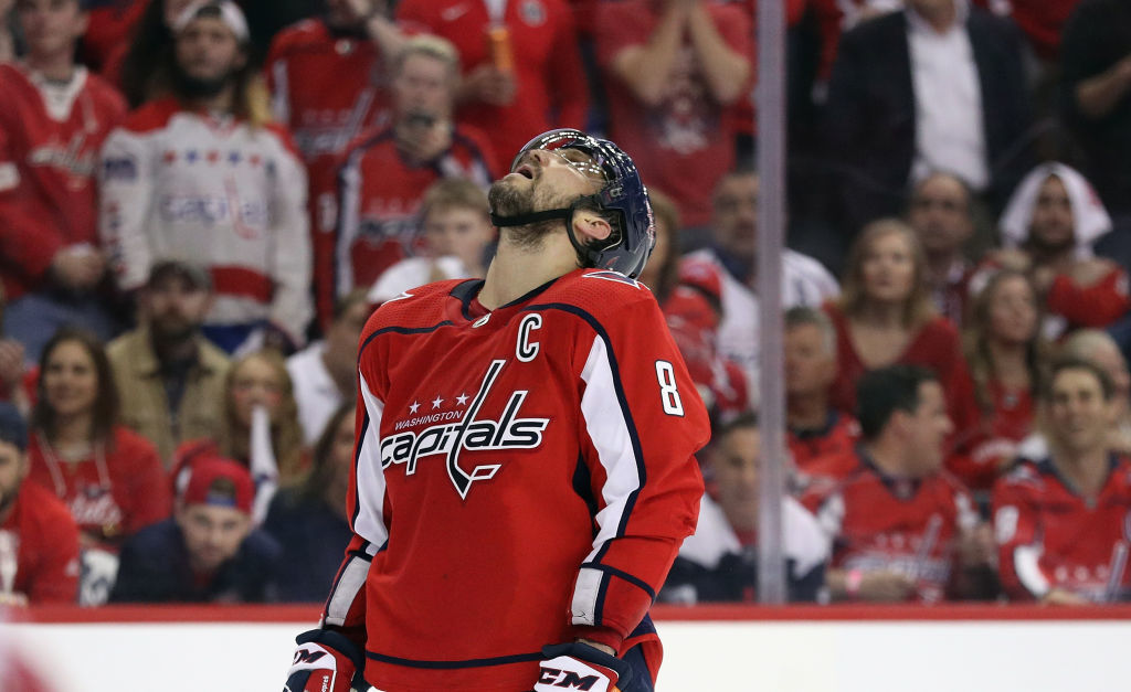 WASHINGTON, DC - APRIL 24: Alex Ovechkin #8 of the Washington Capitals looks upward following a first overtime save by Petr Mrazek #34 of the Carolina Hurricanes in Game Seven of the Eastern Conference First Round during the 2019 NHL Stanley Cup Playoffs at the Capital One Arena on April 24, 2019 in Washington, DC. (Photo by Patrick Smith/Getty Images)