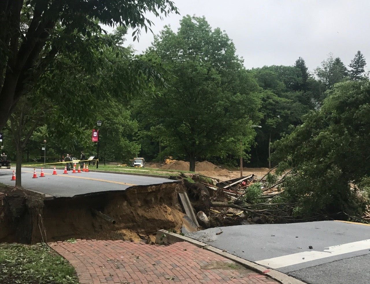 On May 27, 2018 a portion of Ellicott Mills Drive was washed away, when an aluminum culvert carrying the surging Tiber Creek failed during flooding. 