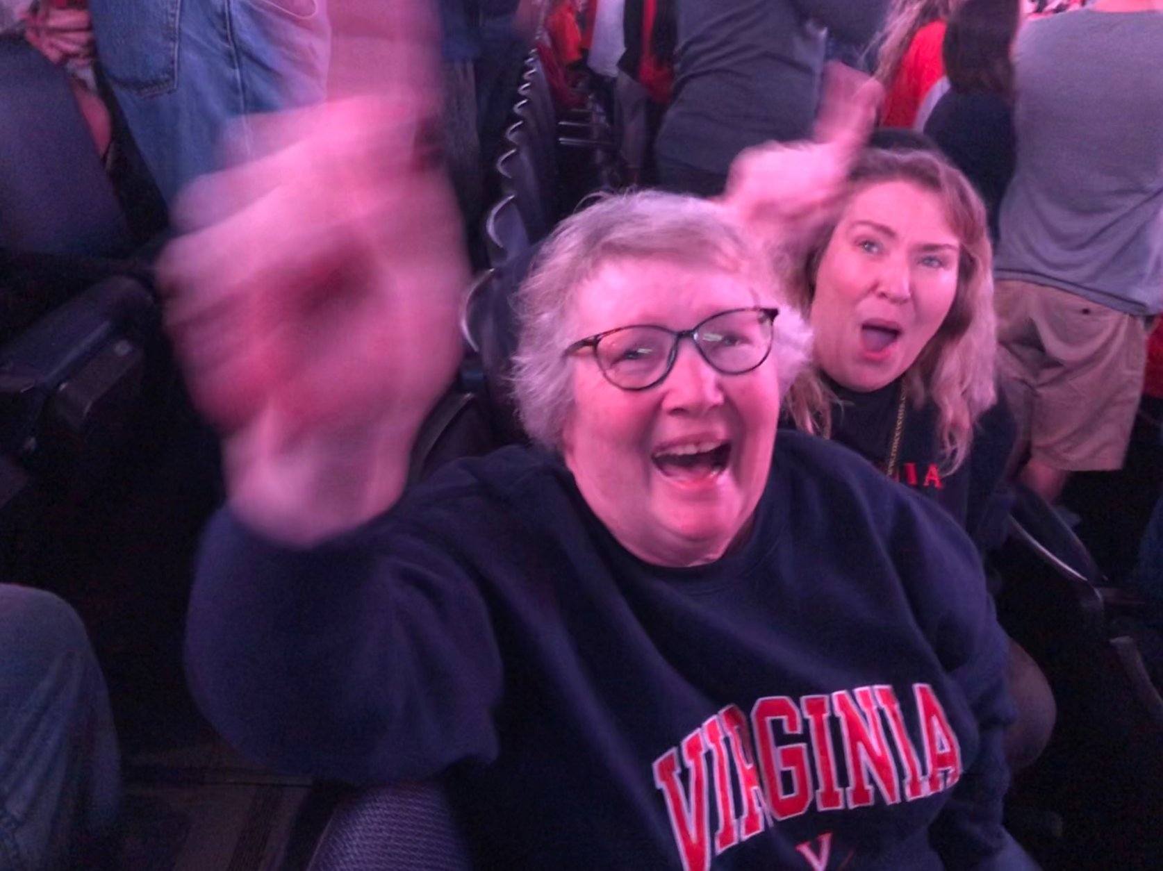 Betty and Cathy Jarman. Betty wants you to know she’s cheering with 75 years of perspective. (WTOP/Kristi King)