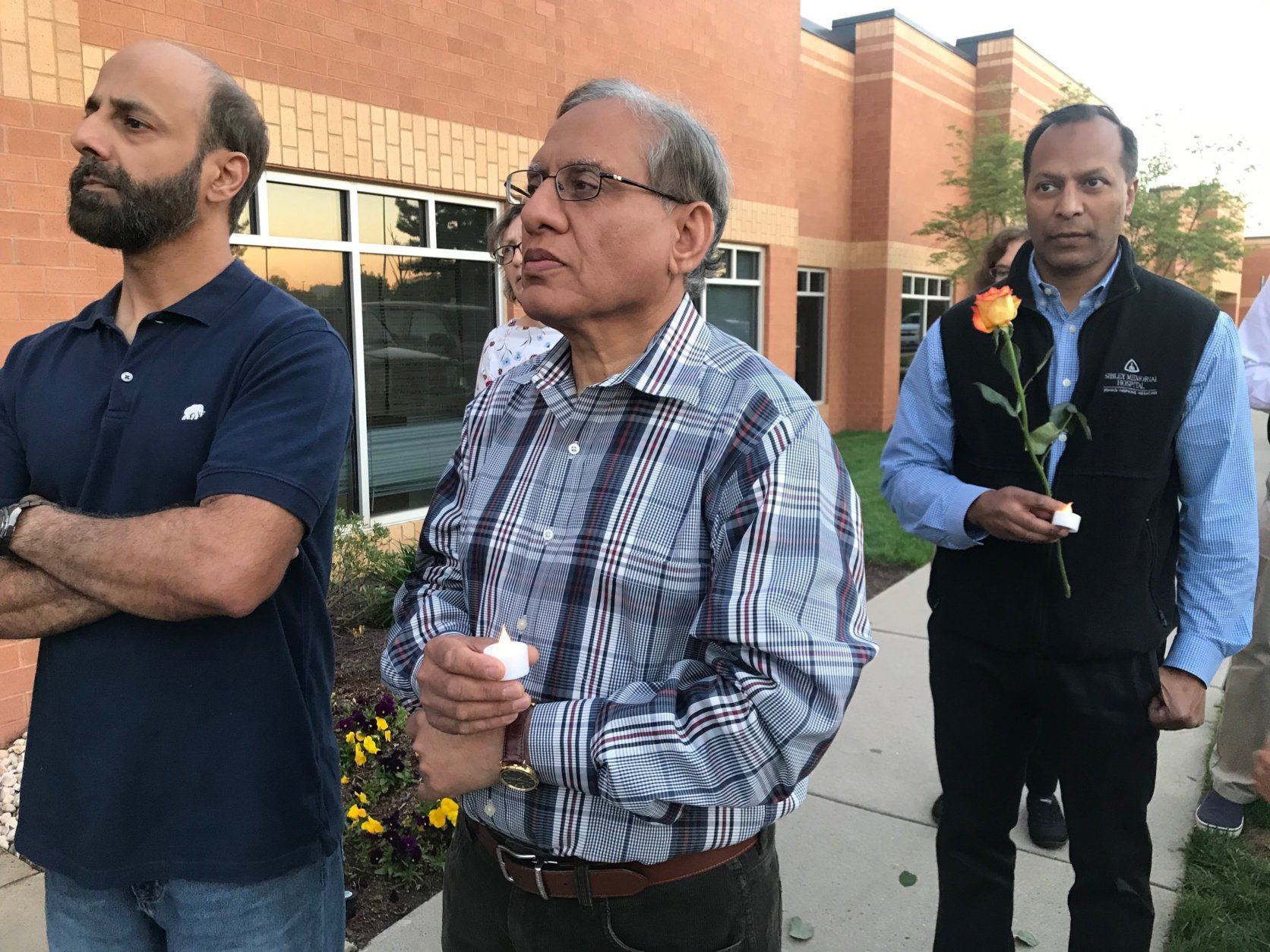 Dozens of the faithful gathered outside the Ashburn Mosque in Sterling, Virginia, to pray and offer hope following the devastating, coordinated attacks in Sri Lanka on Easter Sunday. (WTOP/Dick Uliano)