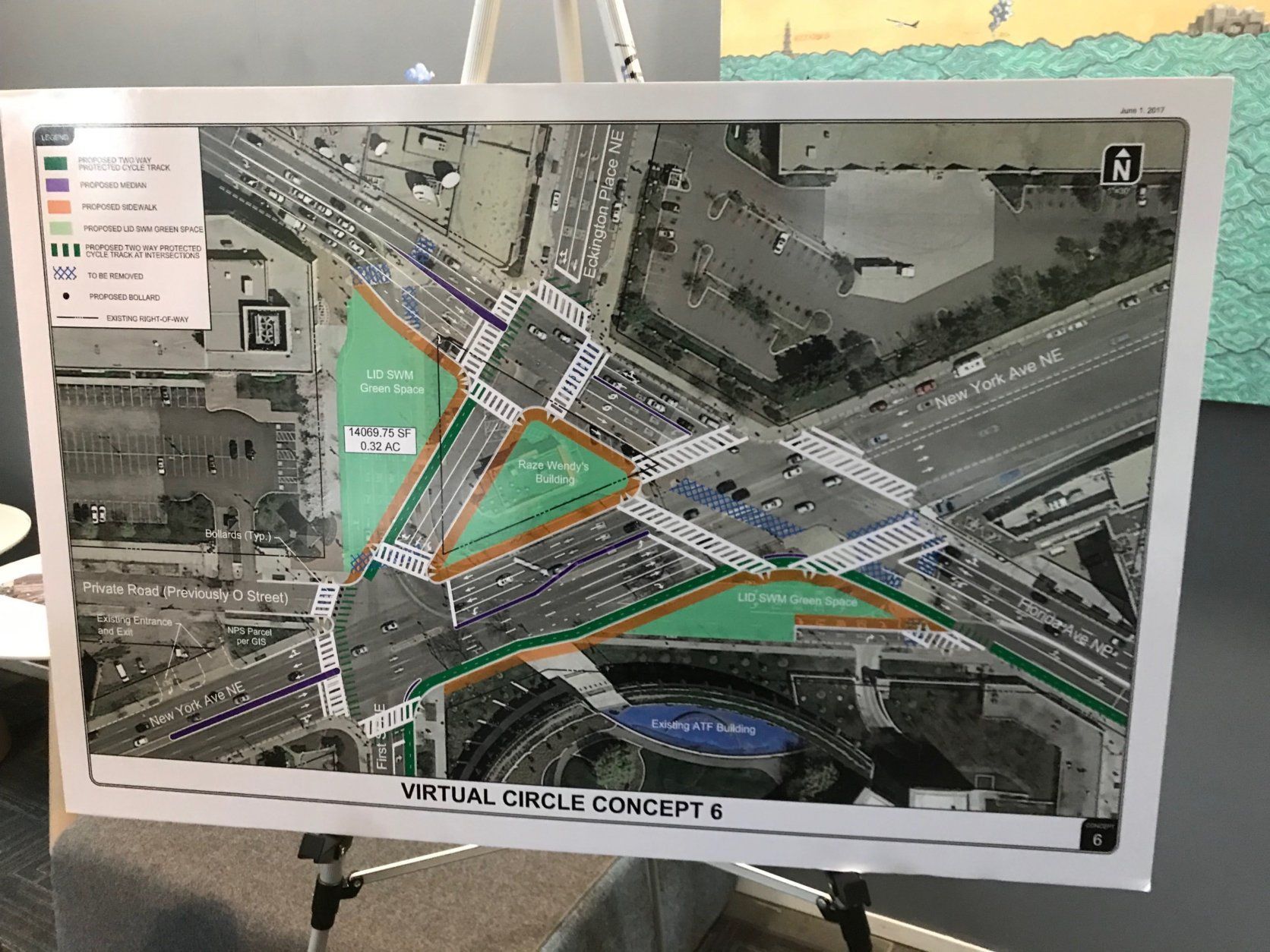 A DDOT project map shows one of the concepts for the reconstruction of Dave Thomas Circle. (WTOP/Dick Uliano)