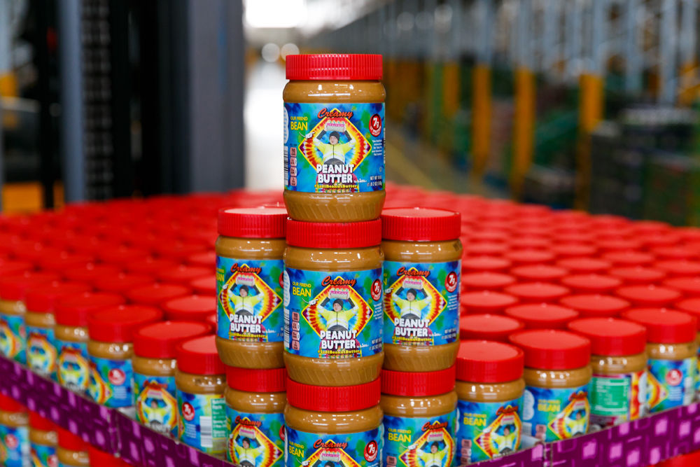 A closeup of the Lidl peanut butter jars with Eric "Bean" McKay's face on the label. (Courtesy Lidl)