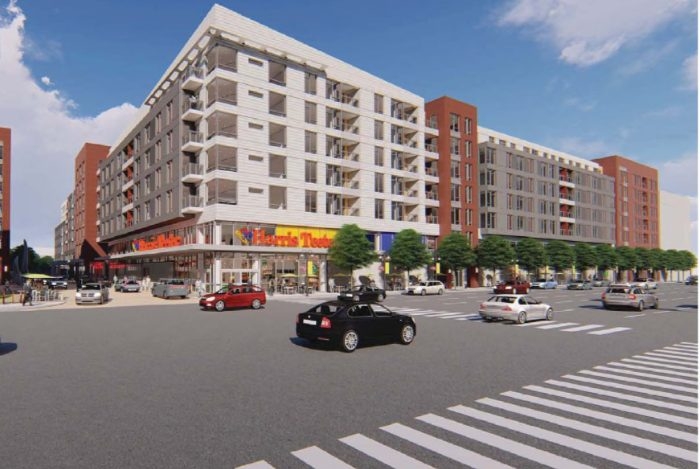 A rendering of a redeveloped Harris Teeter, seen from along N. Glebe Road. (ArlNow.com)