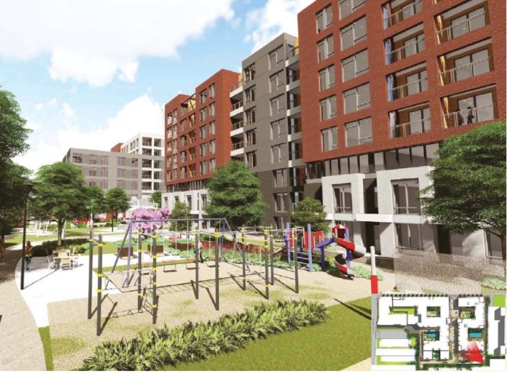 A rendering of a park on the corner of a redevelopment of the Ballston Harris Teeter.