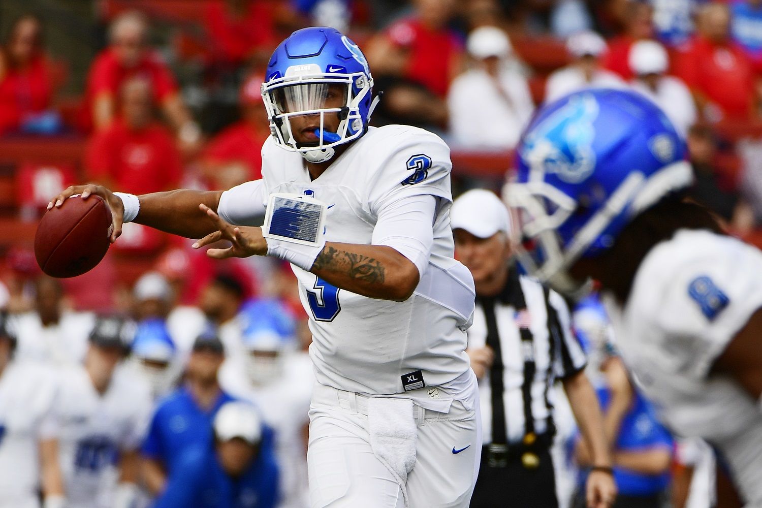 PISCATAWAY, NJ - SEPTEMBER 22: Tyree Jackson #3 of the Buffalo Bulls looks to pass against the Rutgers Scarlet Knights during the second quarter at HighPoint.com Stadium on September 22, 2018 in Piscataway, New Jersey. (Photo by Corey Perrine/Getty Images)