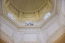 A look up into the rotunda at the Maryland State House. Construction of the State House was begun in 1772. The exterior of the dome does not have a single metal nail. The wooden dome is fitted together with wooden pegs and iron bands. (WTOP/Kate Ryan)
