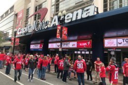 Fans in downtown D.C. celebrate a Caps win against the Carolina Hurricanes. (WTOP/Dick Uliano) 