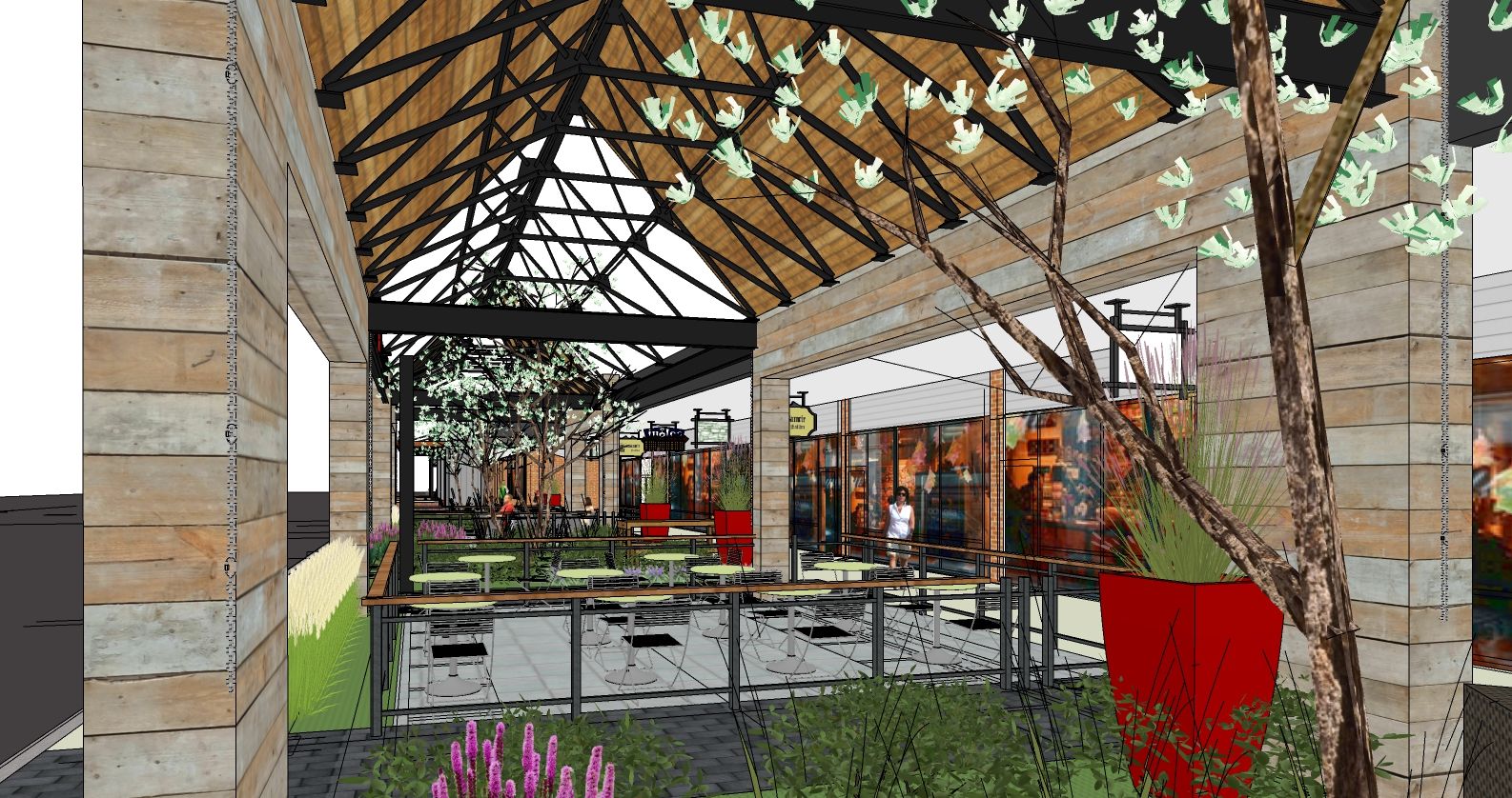 The center's renovation will include a double-sided outdoor fireplace and a communal village design, with new storefronts and signs, wider sidewalks, new landscaping and pavilions. (Courtesy Federal Realty Investment Trust)