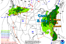 The surface map for Friday afternoon shows the scenario of a deep layer of warm and humid air ahead of the strong front and strong low pressure system which will be lifting up through the mountains. The contrast with the cool and dry air on the other side of the front is contributing to the severe weather threat. (Courtesy Weather Prediction Center, NOAA)