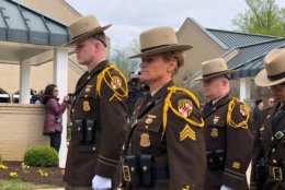 Members of the Maryland State Police Honor Guard at the funeral for House Speaker Michael Busch. (WTOP/Kate Ryan)