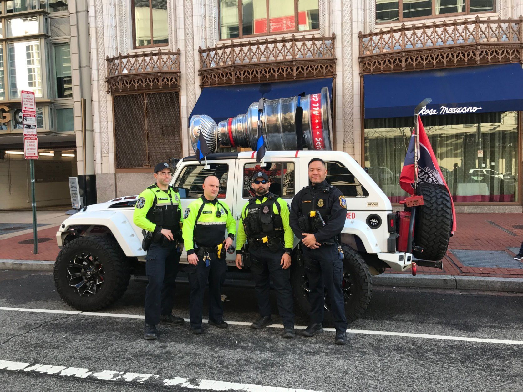 Police pose in front of the famous Caps Jeep. (Courtesy Ed Twomey) 